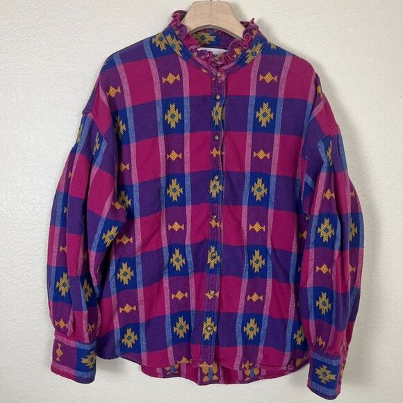Xirena Women's Size M Jensen Flannel Checkerd Southwestern Ruffle Cotton Shirt - Picture 1 of 14